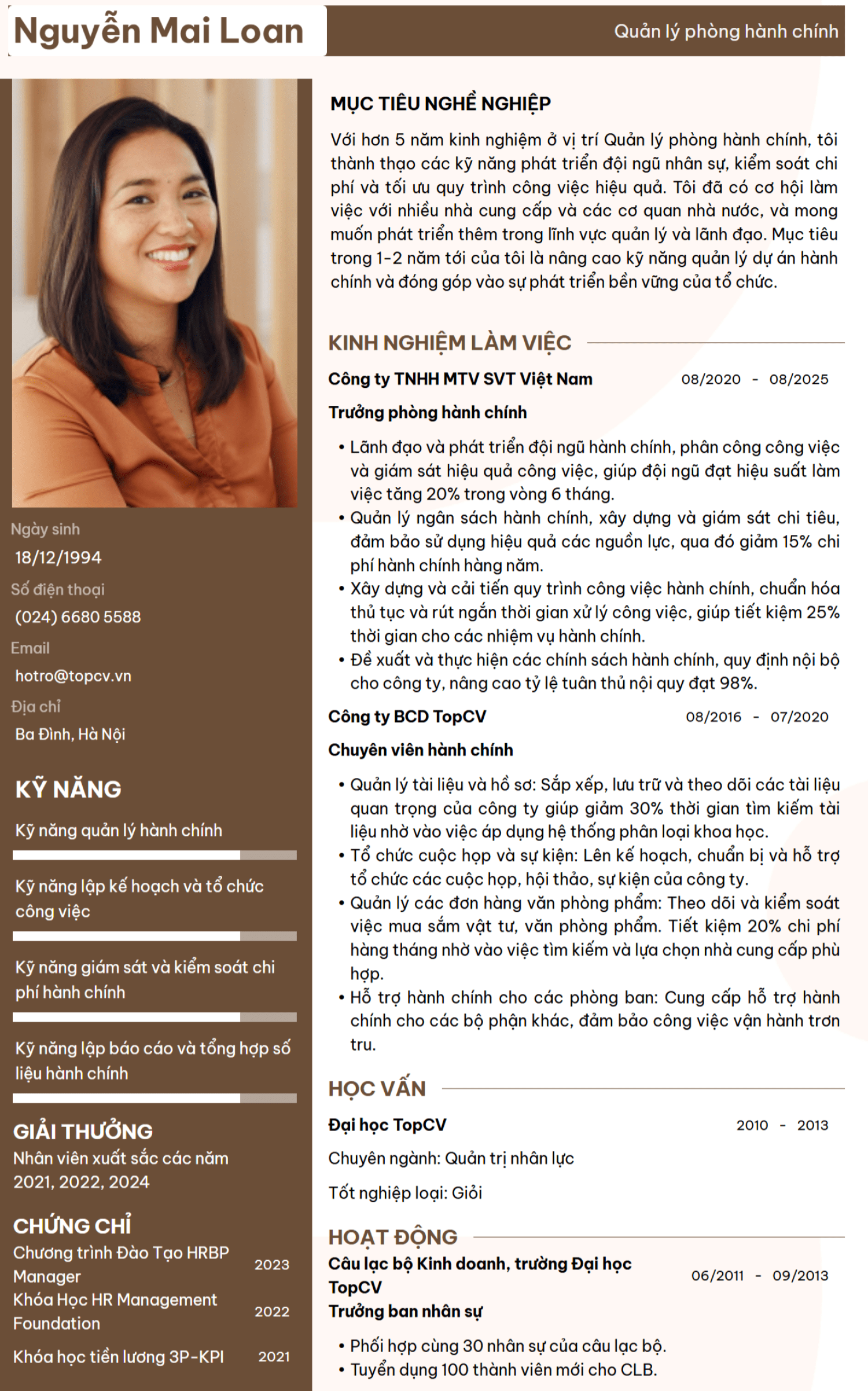 CV Quản lý phòng Hành chính